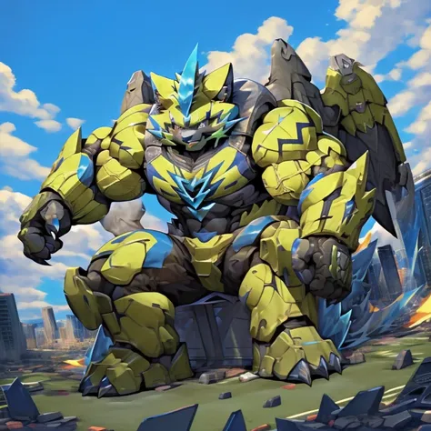 (zeraora, 8k), (zeraora's giant robot, powered exoskeleton with the same design as zeraora), (masterpiece, highres) (detailed he...