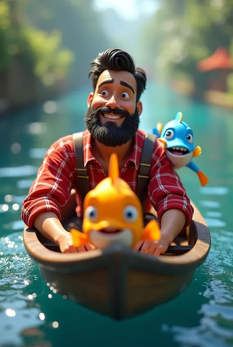 1 2 fish, confident bearded man, red checkered shirt character in BOAT, In the style of Disney Pixar drawing 