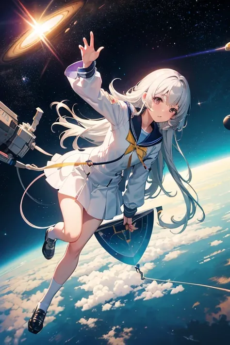 masterpiece, Highest quality, High resolution，Follow the on-screen instructions、Anime Style、Follow the prompts、One Girl、Long silver hair、School Uniform、universe space、Confused、Spacewalk、Reaching out to the earth、Adrift in Space、A scene from the anime