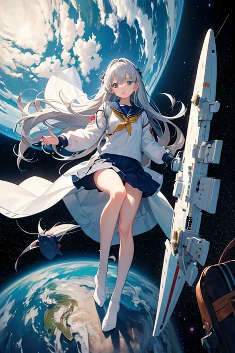 masterpiece, Highest quality, High resolution，Follow the on-screen instructions、Anime Style、Follow the prompts、One Girl、Long silver hair、School Uniform、universe space、Confused、Spacewalk、Reaching out to the earth、Adrift in Space、A scene from the anime