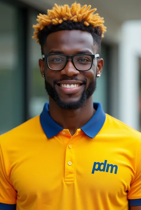 Young adult man with short golden curly hair and a clean shaven beard, dark skin, robust body, earring in the ear, rectangular glasses, wearing a yellow polo shirt with a blue collar and “PDM” print on the chest