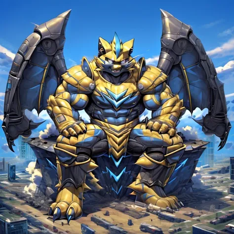 (zeraora, 8k), (zeraora's giant robot, powered exoskeleton with the same design as zeraora), (masterpiece, highres) (detailed he...