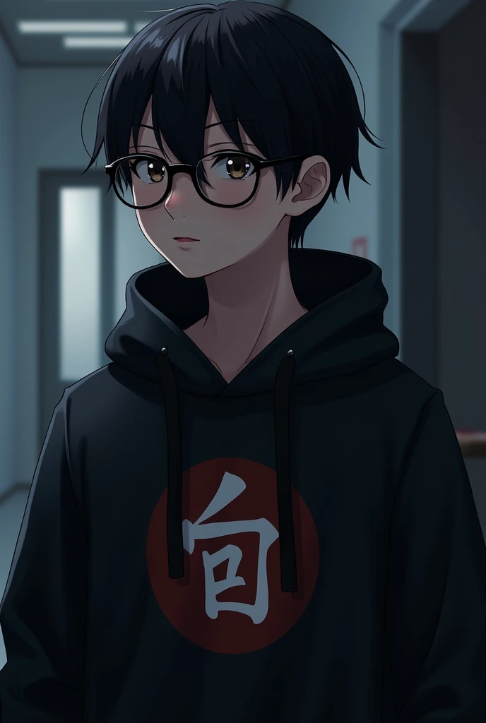 Boy in a black hooded sweatshirt with a Japanese symbol. Dark brown eyes and black hair,  glasses with black frame. 