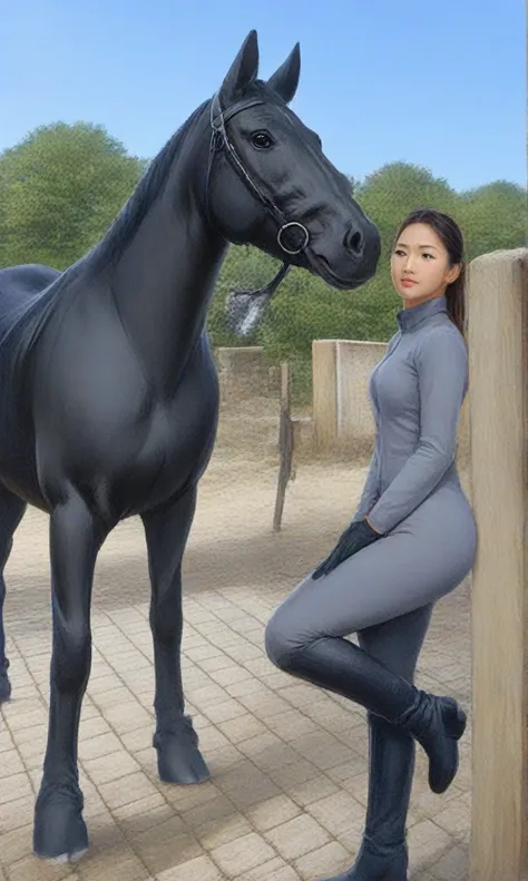 キリンがsaddleのついた馬の隣にあるベンチに座っている, 👰 🏇 ❌ 🍃, on horseback, tight clothing, wearing a tight suit, the background is like heaven, tight...