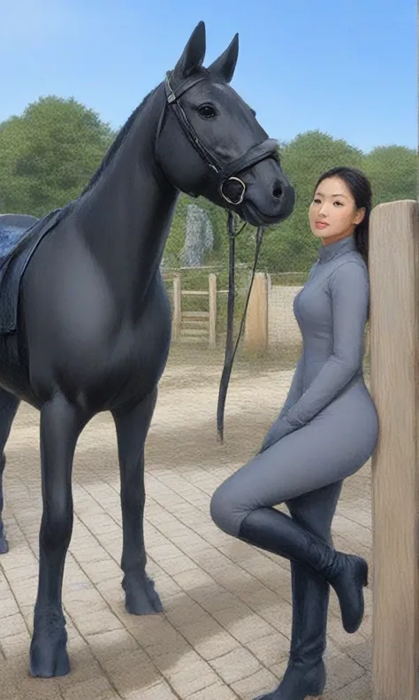 キリンがsaddleのついた馬の隣にあるベンチに座っている, 👰 🏇 ❌ 🍃, on horseback, tight clothing, wearing a tight suit, the background is like heaven, tight...