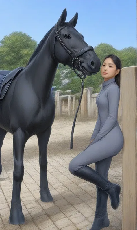 キリンがsaddleのついた馬の隣にあるベンチに座っている, 👰 🏇 ❌ 🍃, on horseback, tight clothing, wearing a tight suit, the background is like heaven, tight...