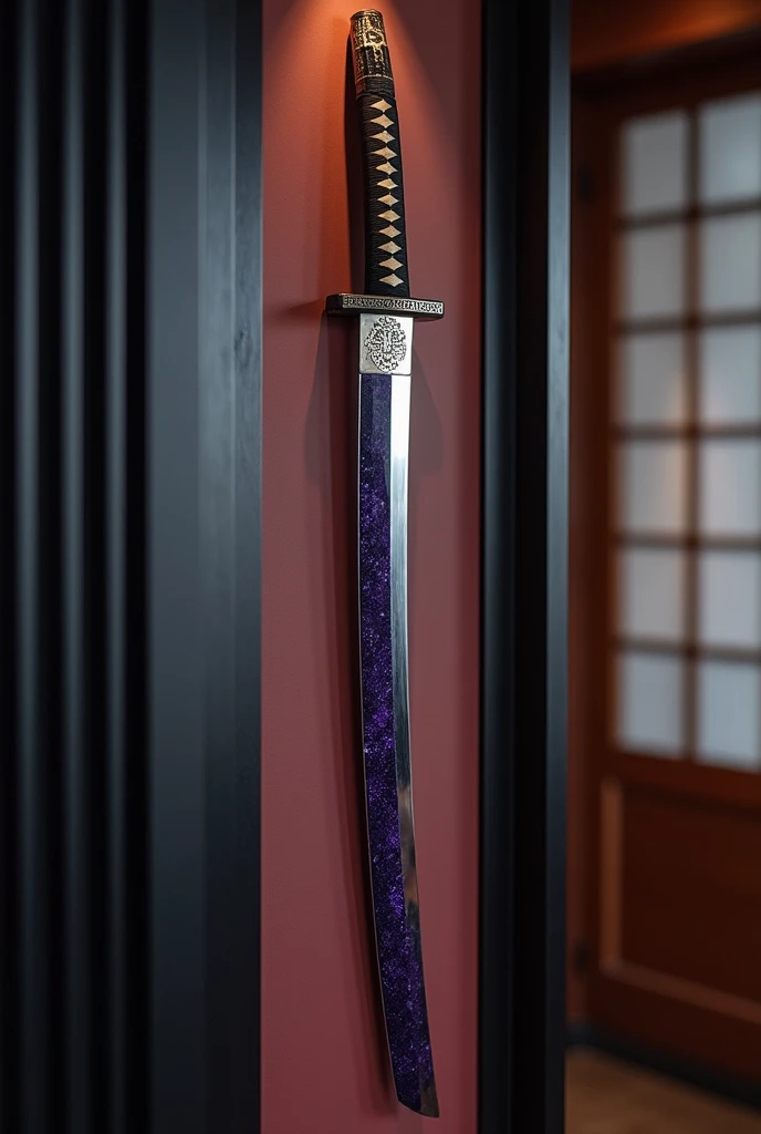 1 long, wide and heavy Japanese katana sword with purple obsidian black blade on a wall.