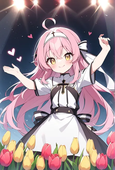 girl、cute、Princess、young、and、、young、cute、Yellow Eyes、Pink Hair、Super Long Style、Half Twin、Tulips、Big ribbon、cute、Being spoiled、Watery eye、heart、heart，smile、Be happy、Eyes glow pink、Red cheeks、Small breasts、Priest Clothes、cross、sing
