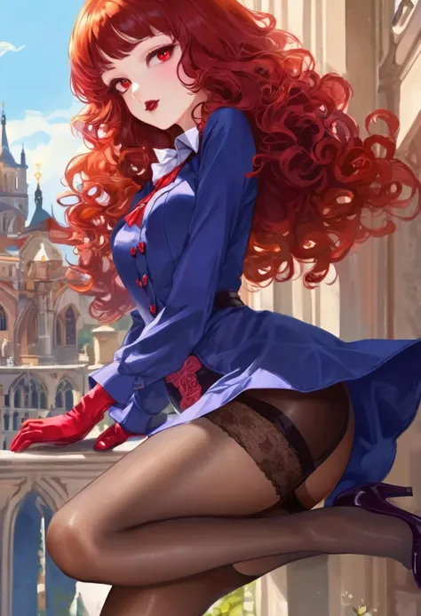 Beauty,  vampire girl,  very curly red hair,  very tiny miniskirt,  pantyhose, satin elbow gloves,  shoes,  sun shiny day 