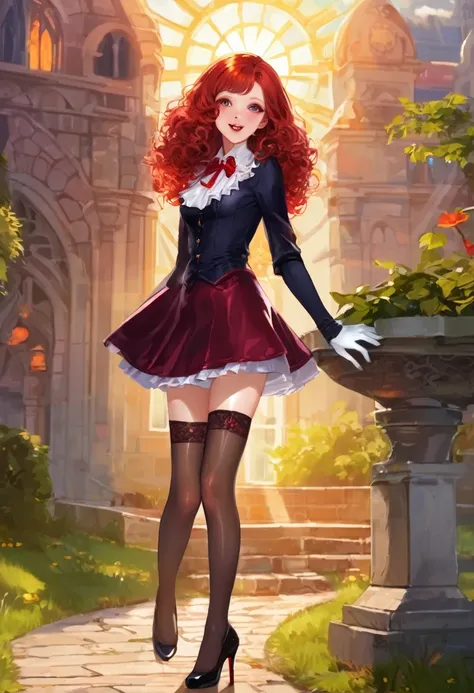 Beauty,  vampire girl,  very curly red hair,  very tiny miniskirt,  pantyhose, satin elbow gloves,  shoes,  sun shiny day 