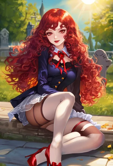 Beauty,  vampire girl,  very curly red hair,  very tiny miniskirt,  pantyhose, satin elbow gloves,  shoes,  sun shiny day 