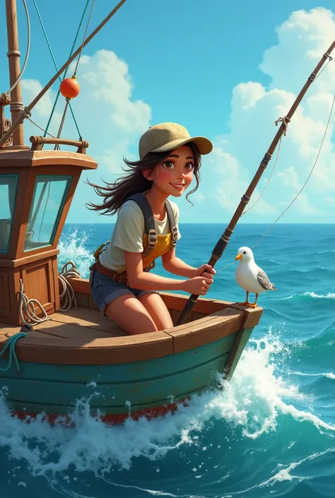 20 year old female fisherman, fish swordfish, character in BOAT, In the style of Disney Pixar drawing 