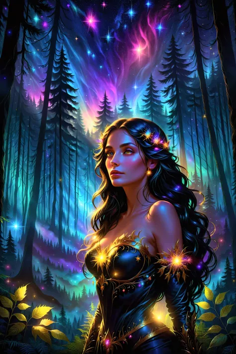 a mystical woman in a misty forest at night, enchanting atmosphere, dark silhouette with soft warm light, dreamy ambiance, twinkling stars in the sky, vibrant colors, detailed portrait, photorealistic, 8k, high quality, masterpiece