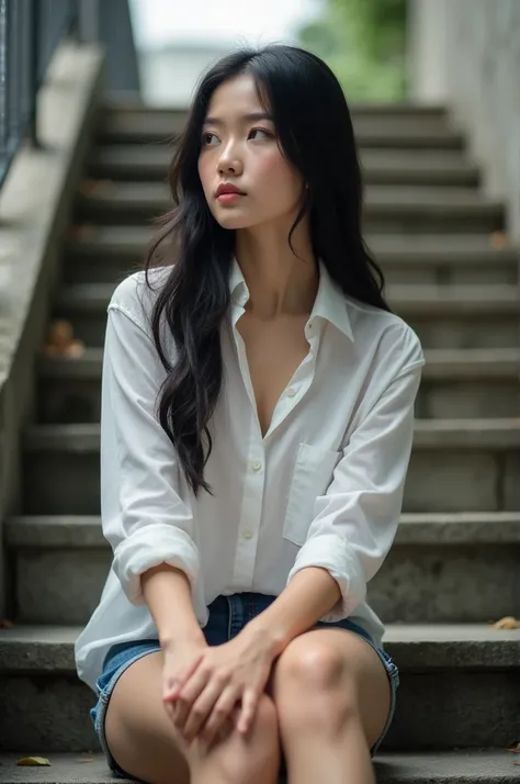 A young asian woman with long black hair wearing a white shirt and blue shorts, sitting on stairs and looking away from the camera