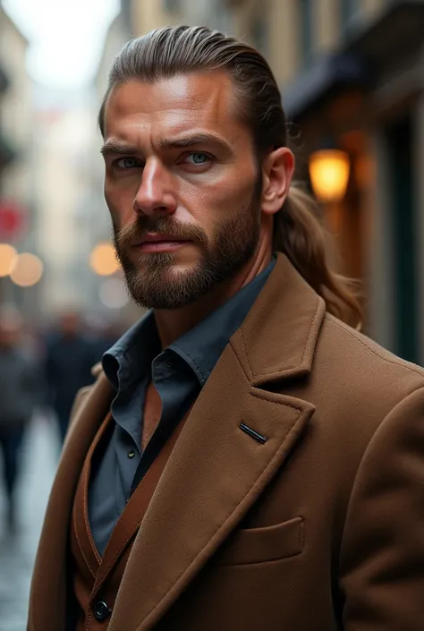 Un personnage masculin, bronzé, cheveux longs châtains avec un catogan, costume marron, yeux bleus clair, barbe comme des lunettes, aux larges épaules,  musclé, élégant, à lâge de 30 ans, réaliste, Européen
