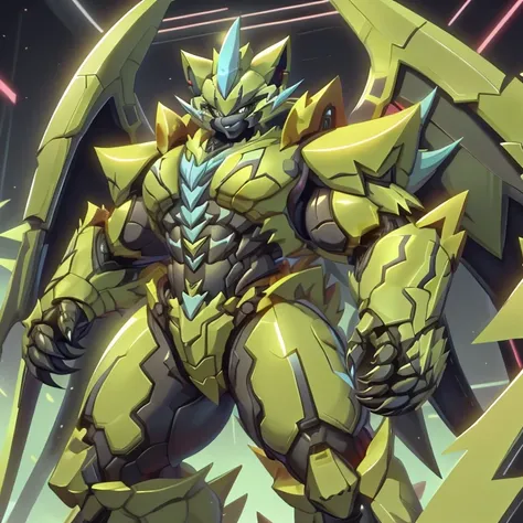 (ZERAORA, 8K), (Zeraoras giant robot, Powered exoskeleton with the same design as Zeraora), (Masterpiece, highres) (Detailed head, Detailed Body, Detailed abs, full body) (gigantic muscles, Gigachad Muscular, big muscle, pecs, triceps, traps, unusually dev...