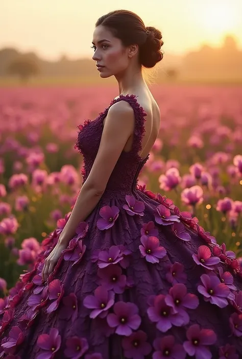 A 3D photo of a woman with captivating eyes, beautiful updo, wearing a mesmerizing very dark purple dress made of hibiscus, The dress is formed by a breathtaking arrangement of deep dark purple hibiscus in a field. The dress has a "spiral pattern" and is s...