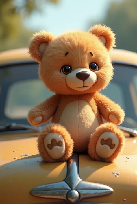 Cute fluffy furry teddy bear sitting on a cars trunk 
