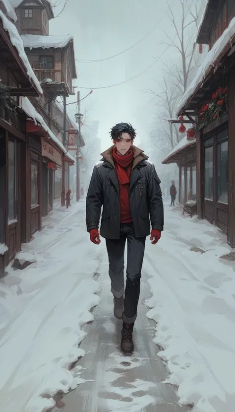 A boy with long black hair and red eyes walking in the snow 