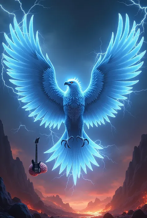 Create a powerful, all-blue lightning phoenix, hyper realistic style. It is made of lightning and there are many lightning bolts in the sky that are electrifying the eagle.. His feet are two rays. She is flying up, facing forward and with wings open. The e...