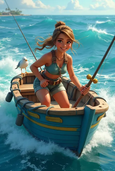 20 year old female fisherman, fish swordfish, character in BOAT, In the style of Disney Pixar drawing 