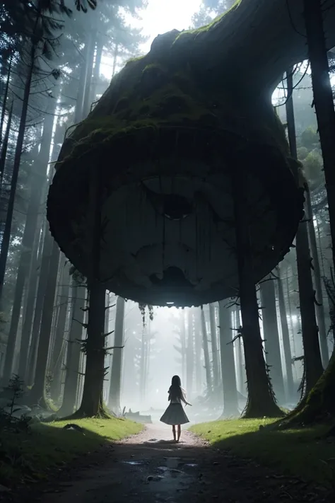 Create a dark and mysterious scene with a young girl named Luna walking alone in a forest. The trees are big and old, and there is a strange hole in the roots of a tree, radiating a faint greenish light. The environment is loaded, as if something mystical ...