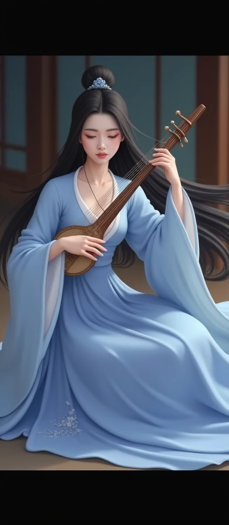 Long black hair、Chinese woman playing the pipa、Traditional attire、Light blue outfit、