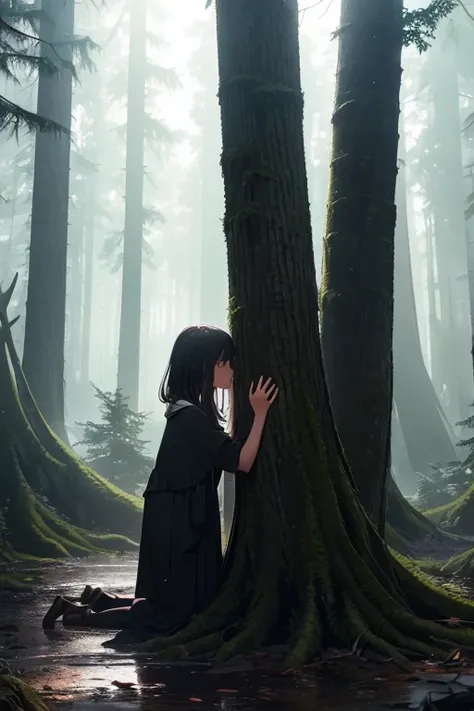 Create a dark and mysterious scene with a young girl named Luna walking alone in a forest. The trees are big and old, and there is a strange hole in the roots of a tree, radiating a faint greenish light. The environment is loaded, as if something mystical ...