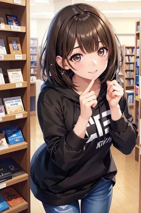 Nene Kasaki々、Shiny brown hair, short hair, (Beautiful brown eyes、Sparkling eyes, fine grain)、smile、Very fine eye、Highly detailed face, Highly detailed eyes,



(Highest quality:1.2), One Girl, Black hoodie、Denim pants、bookstore