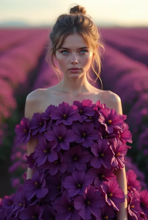 A 3D photo of a woman with captivating blue eyes, beautiful updo, wearing a mesmerizing very dark purple dress made of hibiscus, The dress is formed by a breathtaking arrangement of deep "dark purple" hibiscus in a field. The dress has a "spiral pattern" a...