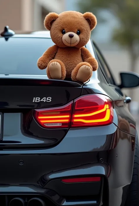 Cute fluffy furry teddy bear mocha sitting on a black cars trunk , back view of car, tail lights, BMW, Modified 