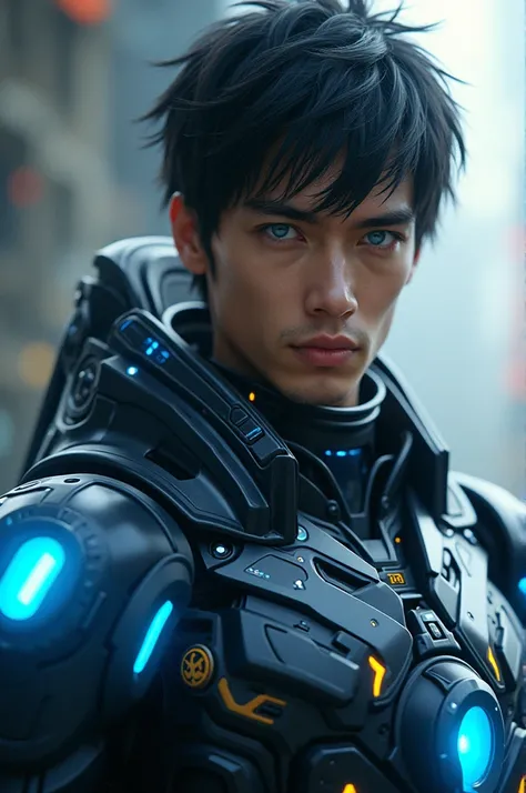 A video game hero with a super suit, black hair and blue eyes in 4K man