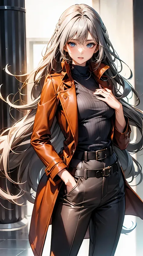 (Mature Woman１name), (Gray Hair, Long Hair:1.3), Blue colored eyes, (Medium chest), (Orange leather coat), belt, pants, office, masterpiece, high quality, 