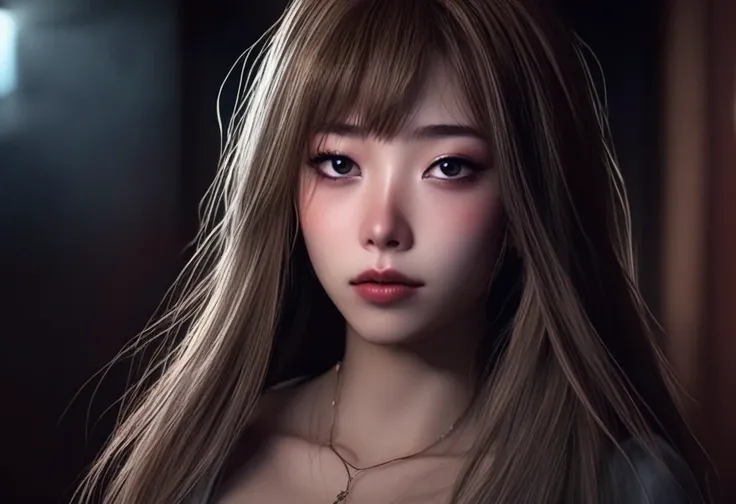 a young woman(1girl),slender figure,very tall,extremely thin body,large breasts,emerging from dark shadows,nightmare fuel,cute yuna(age 25),highly detailed face,beautiful detailed eyes,beautiful detailed lips,extremely detailed face and eyes,long eyelashes...