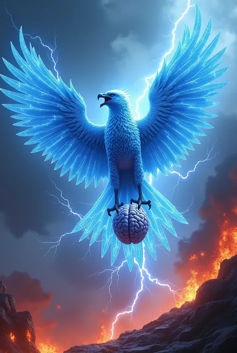 Create a powerful, all-blue lightning phoenix, hyper realistic style. It is made of lightning and there are many lightning bolts in the sky that are electrifying the eagle.. His feet are two rays. She is flying up, facing forward and with wings open. The e...