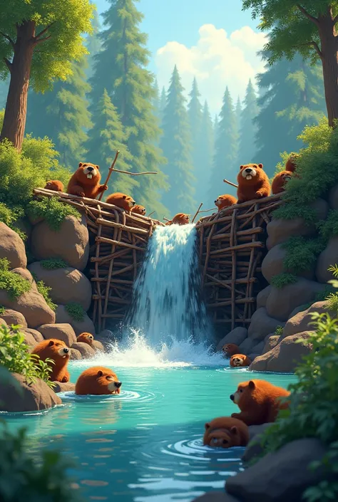 Image where a wall made by the Beavers prevents the river from passing to the other side animated