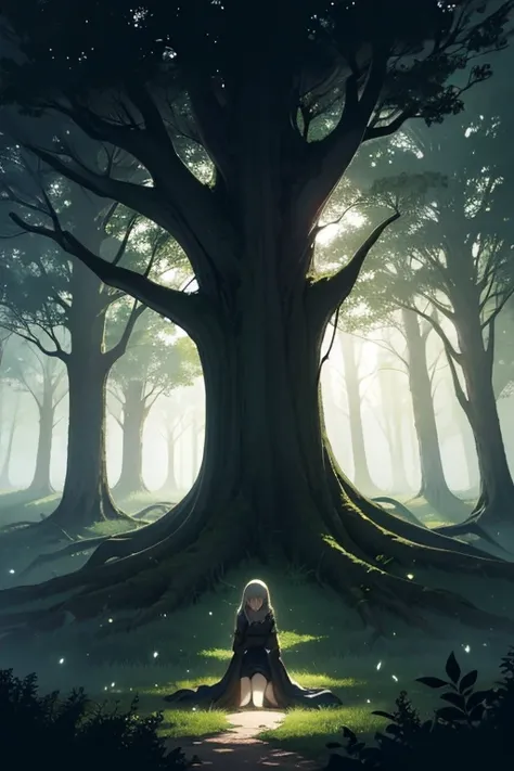 Draw a full page picture in a dark and mystical forest, with ancient trees and exposed roots. luna, A young woman in , is kneeling in front of a huge tree, where there is a dark hole illuminated by a mysterious greenish light. The atmosphere has a touch of...