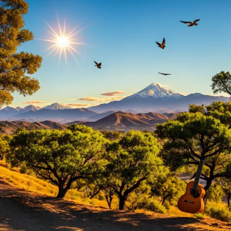 Mount landscape in Cordoba, Argentina, with one criolla guitar resting on a tree, with the sun behind the mountain range. One condor flying high and a flock of green parakeets flying low. HD