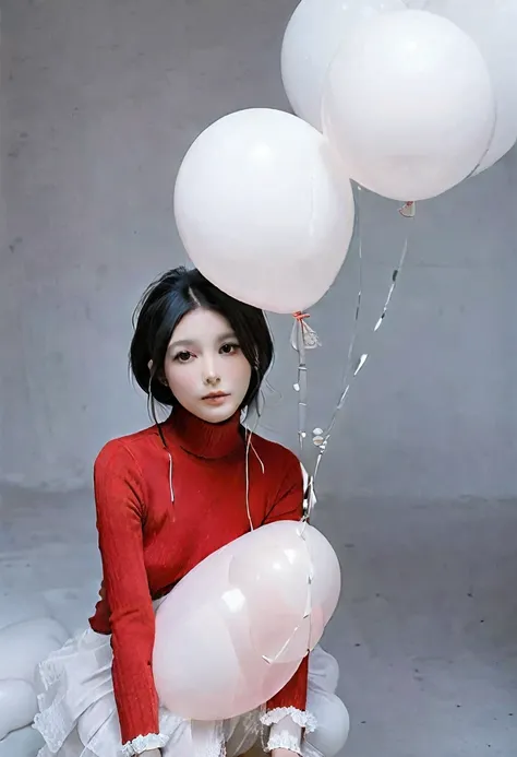 masterpiece, Highest quality, Highly detailed background, perfect lightingHighest quality,Standing in the middle of a ton of white balloons、Fashion portrait photo of a beautiful young woman in the 60s wearing a red turtleneck, Shot with a Hasselblad medium...