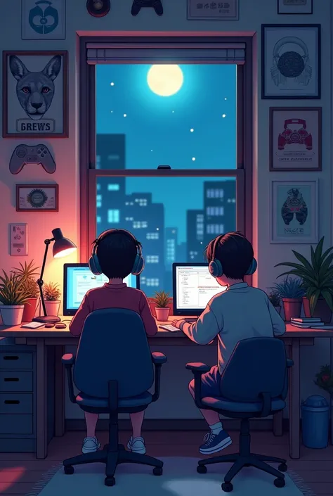 boy and girl sitting in his room studying, on his desk, with headphones on, Geek Decor, video games on the wall, poster, Window with moon and stars, Calm, peaceful, thought, cinematic, color grading, 
Beautifully color-coded