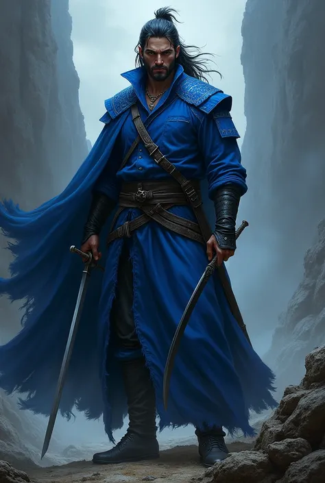 A black swordsman in blue clothes 

