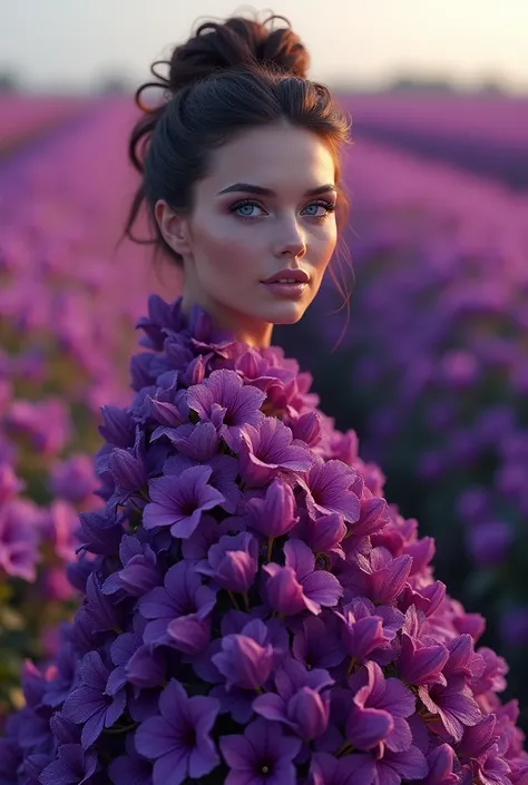 A 3D photo of a woman with captivating violet eyes, beautiful updo, wearing a mesmerizing very dark purple dress made of hibiscus, The dress is formed by a breathtaking arrangement of deep "dark purple" hibiscus in a field. The dress has a "spiral pattern"...