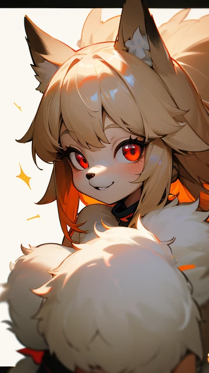 masterpiece,insanely detailed, absurdres, 16K, a girls, kemono, evil smiling, grinning,luminous eyes, with sparkling eyes, red eyes, narrow eyes, (dog_girl, anthro furry:0.9),(anthro_female_dog:0.9),fluffy fur, white background, upper body, fluffy fur, dut...