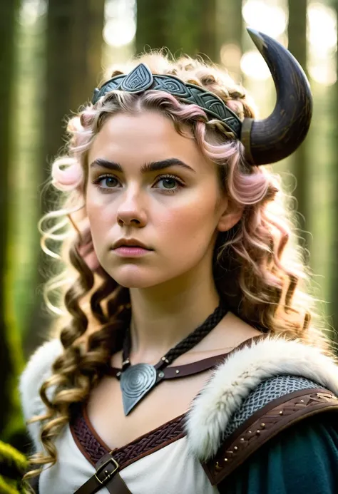 adolescent, Woman, viking, forest landscape with wolvesTextured skin,  curly hair,  Serious Blush, hair ornament, dutch angle