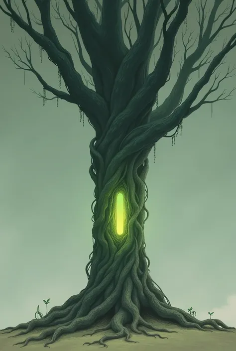 Draw a small illustration of a tree with exposed roots and a small hole in the middle, emanating a soft, greenish light. The image must be simple and mystical, ideal for the beginning of the chapter.