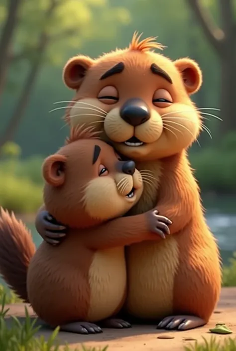 Beaver dad hugging his son crying with happiness animated