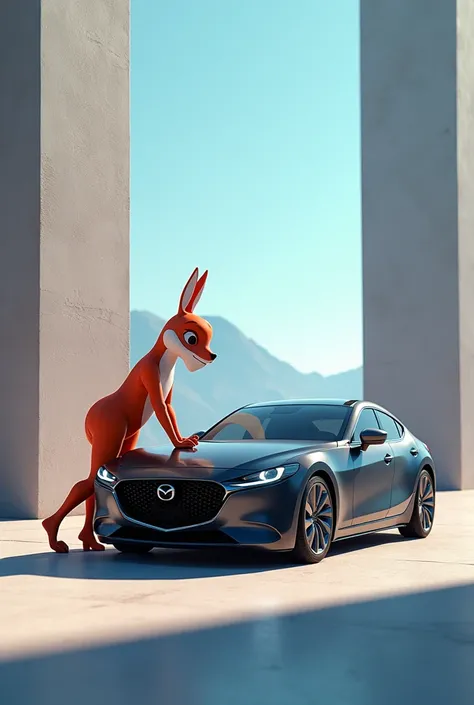 Create an image with an animated character and a Mazda 2 at the same time color gray