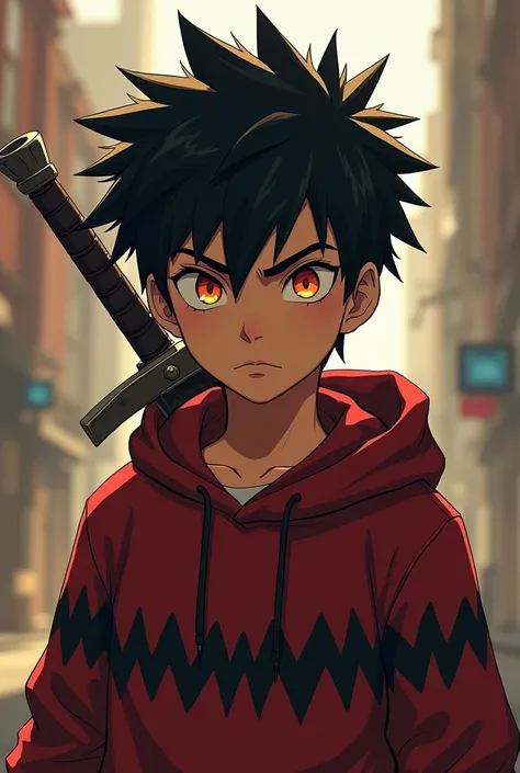 Boy with spiky black hair in dark red striped sweatshirt and light orange eyes and sword on his back