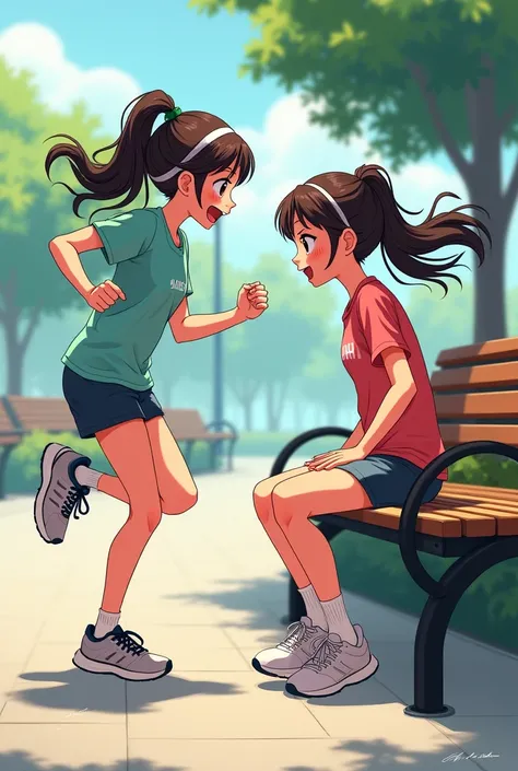 A girl exercising animatedly and the same girl sitting on a bench animatedly animatedly looking at each other face to face to the left one looks to the left and the other the same one sitting and the other exercising animatedly or animatedly 