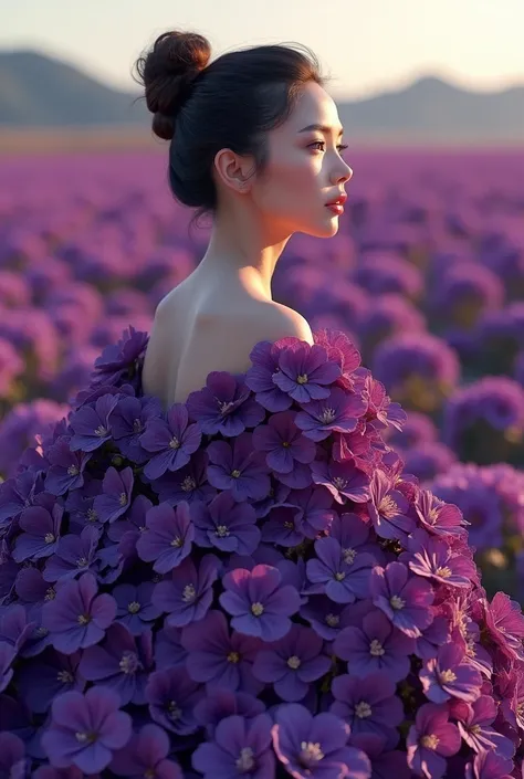 A 3D photo of a woman with captivating violet eyes, beautiful updo, wearing a mesmerizing very dark purple dress made of hibiscus, The dress is formed by a breathtaking arrangement of deep "dark purple" hibiscus in a field. The dress has a "spiral pattern"...